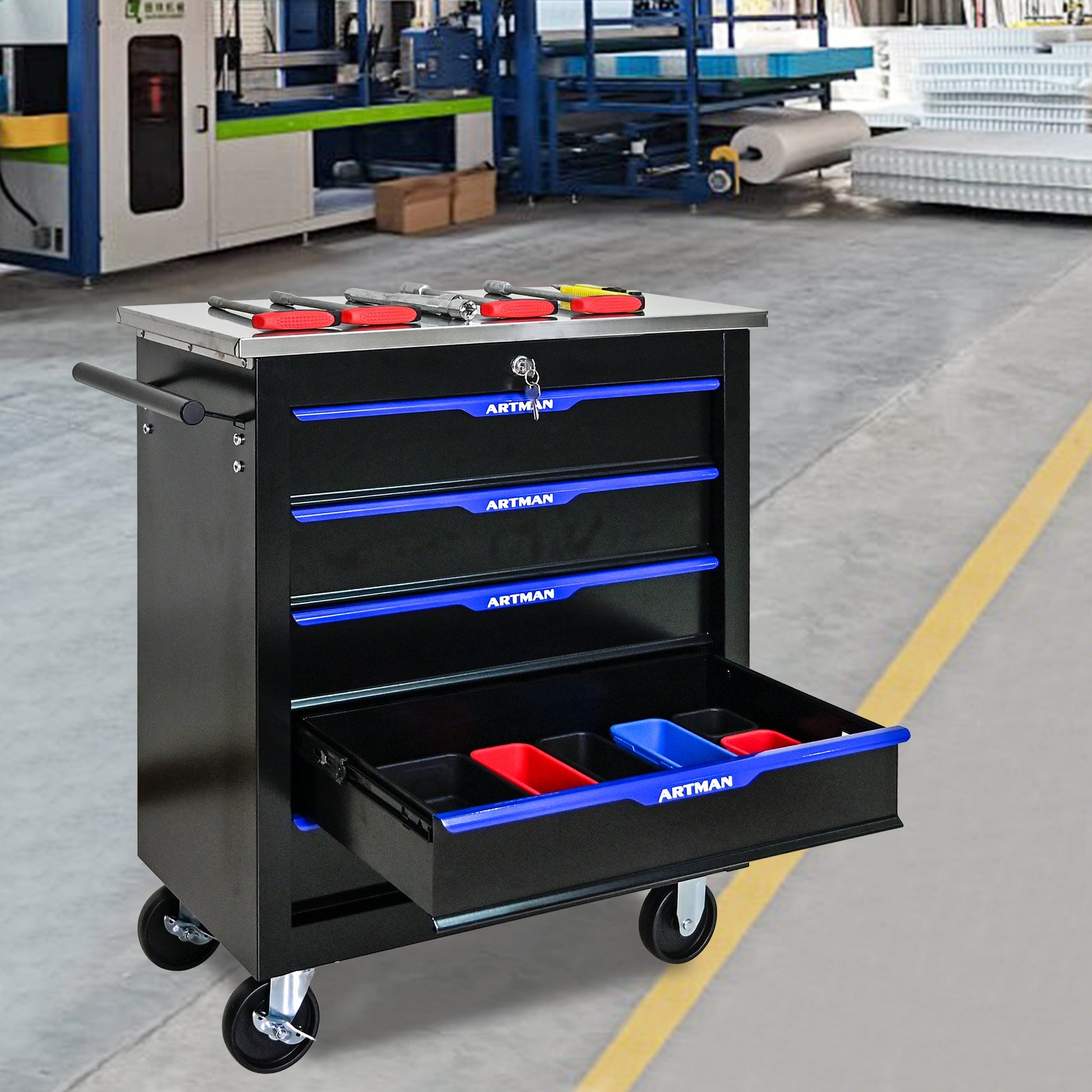 5 DRAWERS MULTIFUNCTIONAL TOOL CART WITH WHEELS-BLACK+BLUE - Korvel