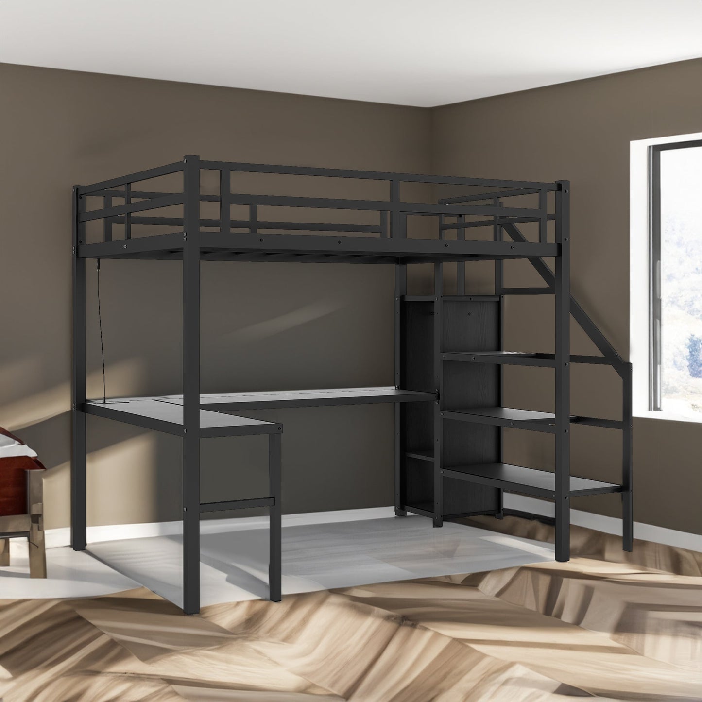 Twin XL Metal Loft Bed with L-shaped Desk and USB