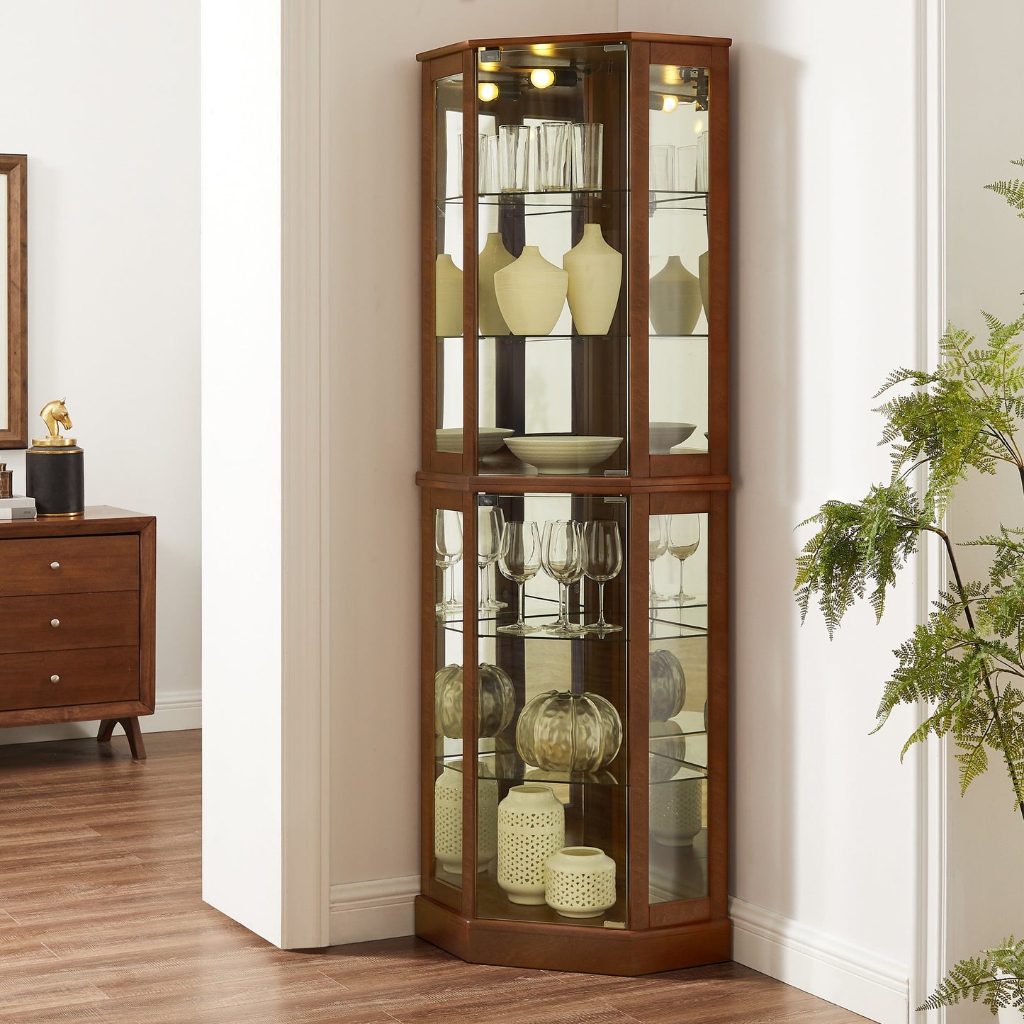 6 shelves corner Curio display cabinet with light mirror and adjustable shelves, walnut wood (excluding E26 light bulbs) - Korvel