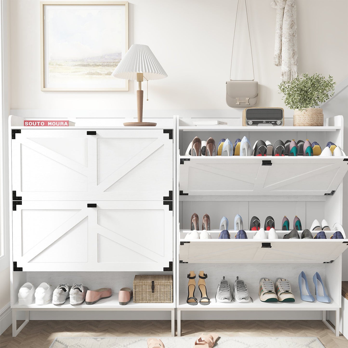 Elegant White Shoe Cabinet with 2 Flip Drawers