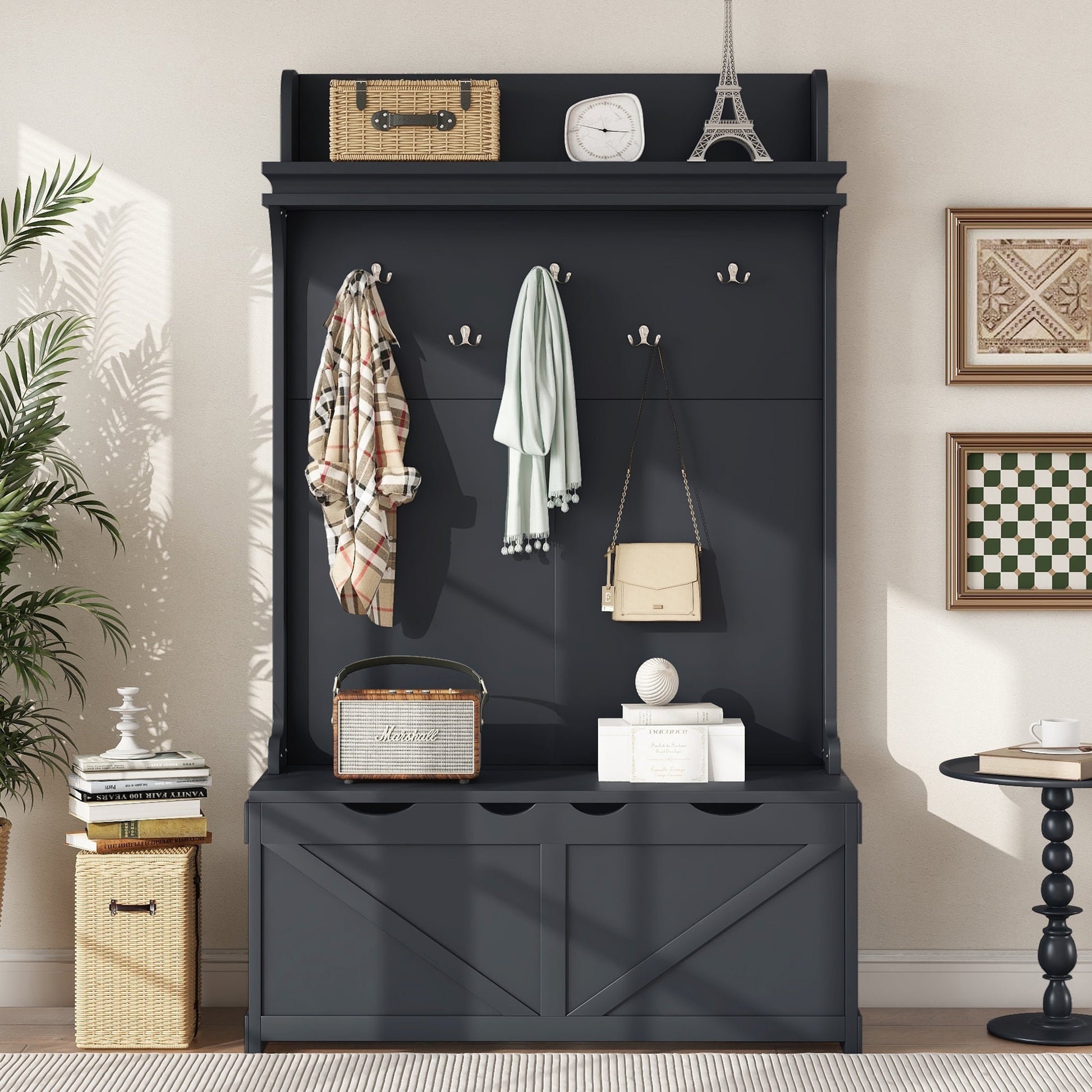 Hall tree with storage desk, entrance desk with drawers and 5 hooks, display rack, dark blue - Korvel