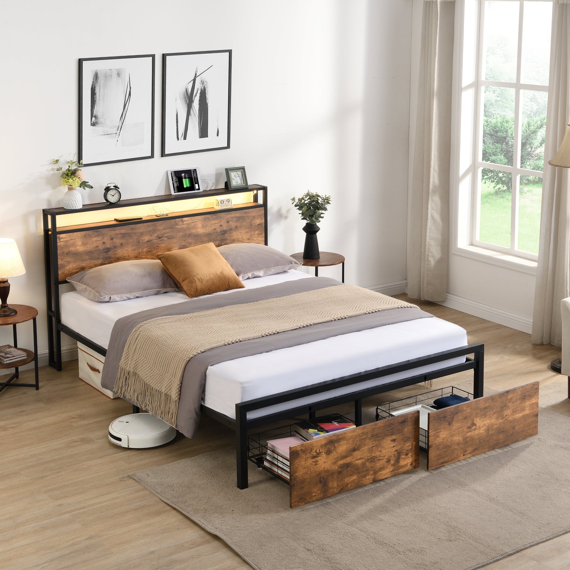 Full size bedstead with storage headboard and 2 drawers, LED light bed with charging station, metal Flat noodles support - Korvel