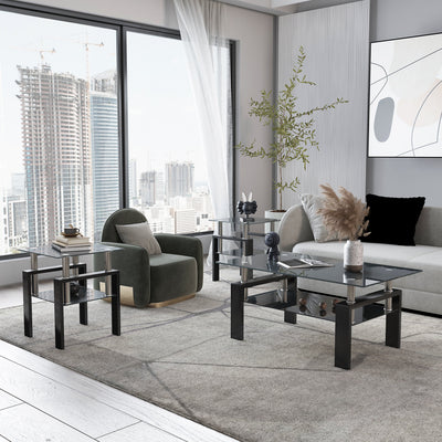 Set of 2, Modern Tempered Glass Tea Table Coffee Table End Table, Square Table for Living Room, Black - Korvel