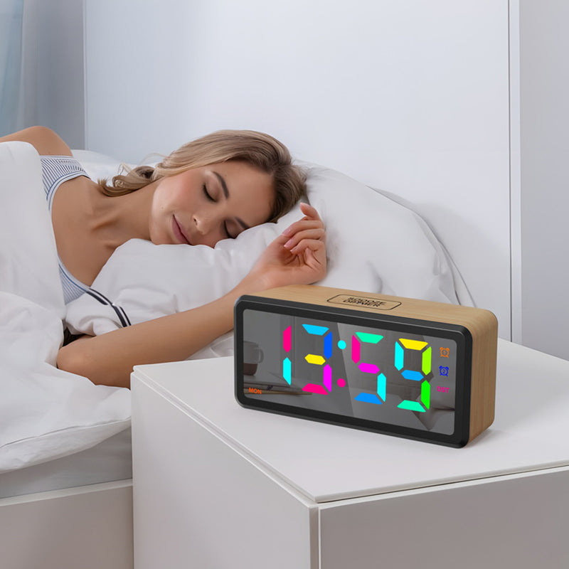 LED Wood-Grain Alarm Clock with RGB Color Display