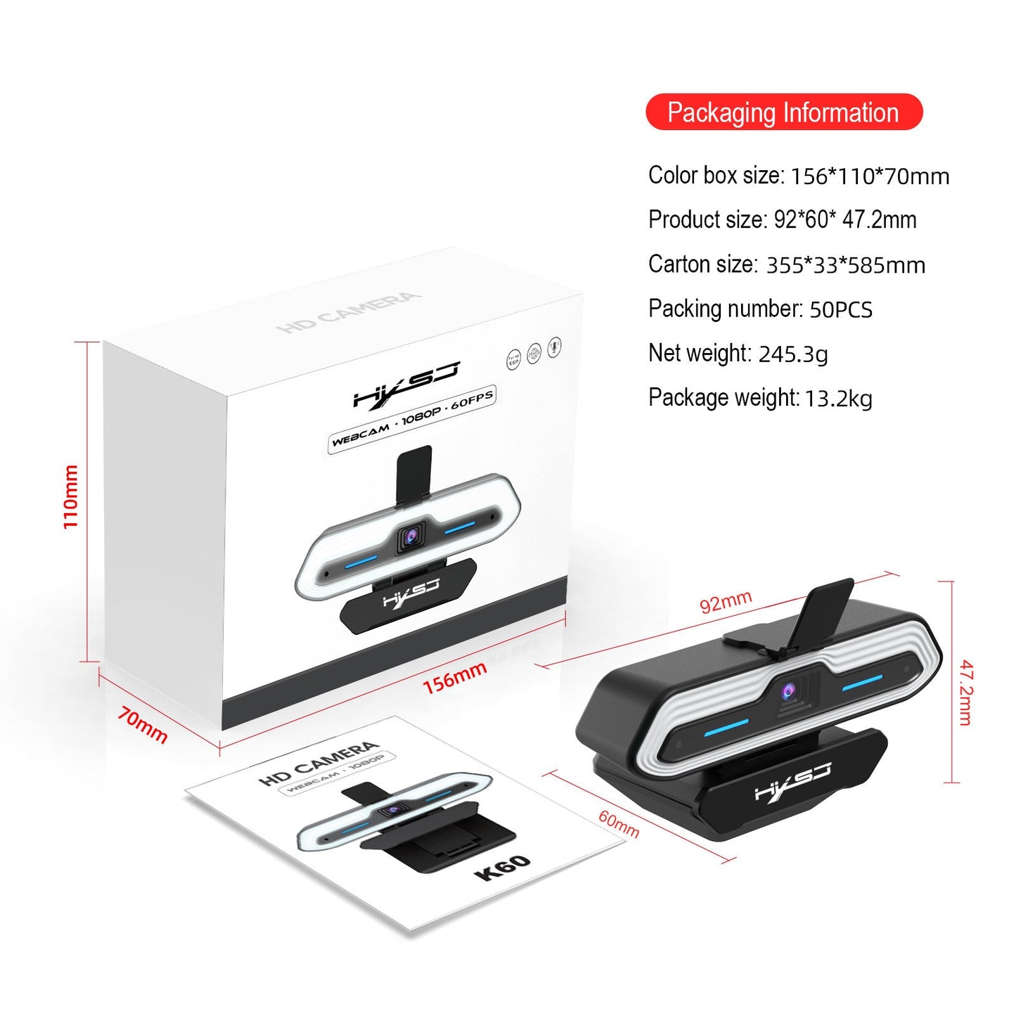 Computer camera with built-in microphone, AF autofocus, USB high-definition night vision, live streaming, video conferencing, online courses - Korvel