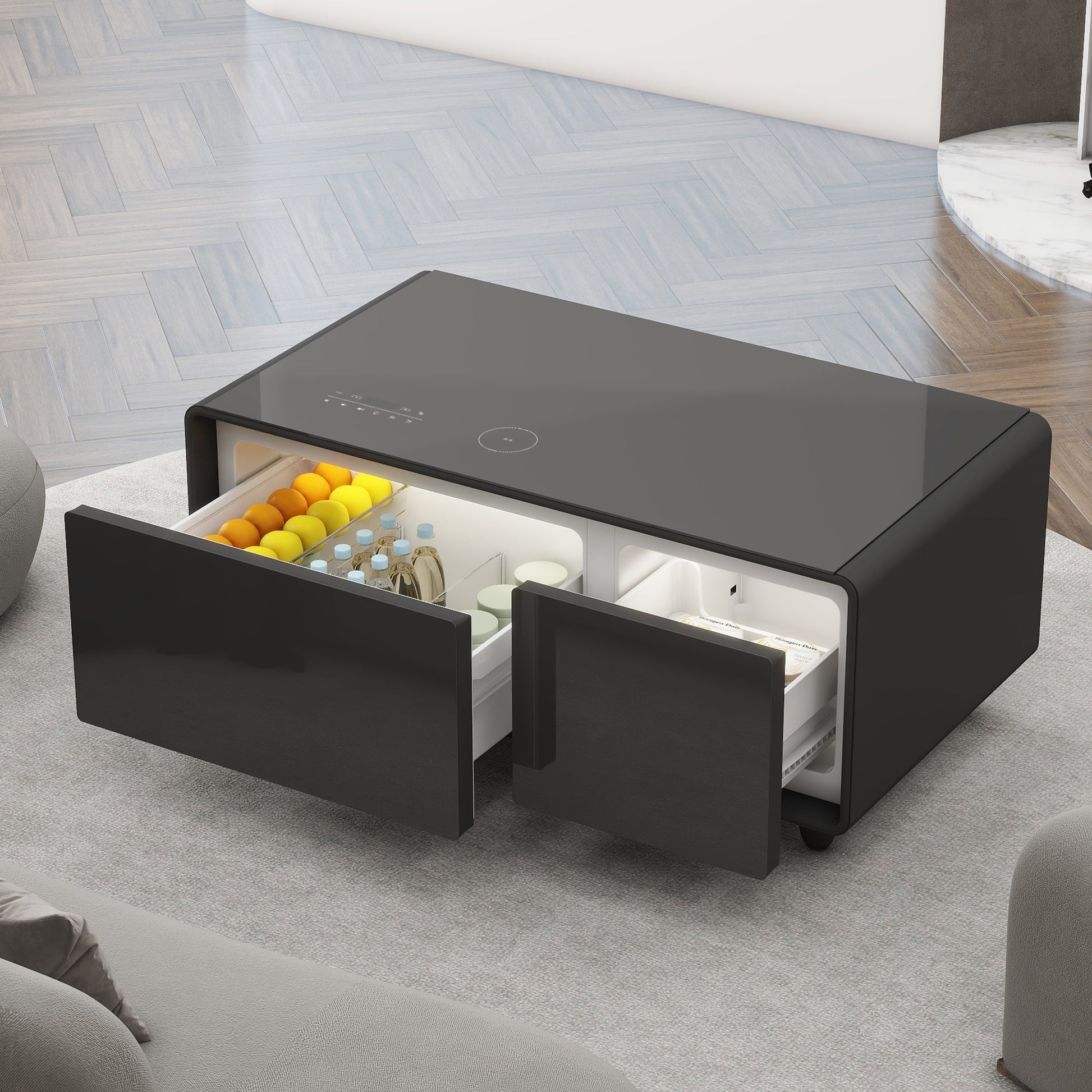 Modern Smart Coffee Table with Built-in Fridge, Bluetooth Speaker, Wireless Charging, Touch Control Panel, USB Interface Black - Korvel