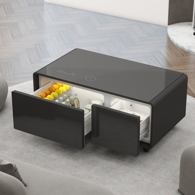 Modern Smart Coffee Table with Built-in Fridge, Bluetooth Speaker, Wireless Charging, Touch Control Panel, USB Interface Black - Korvel