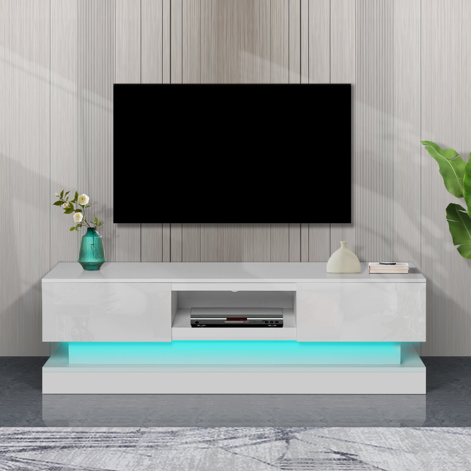 51.18inch WHITE morden TV Stand with LED Lights high glossy front TV Cabinet color:WHITE - Korvel