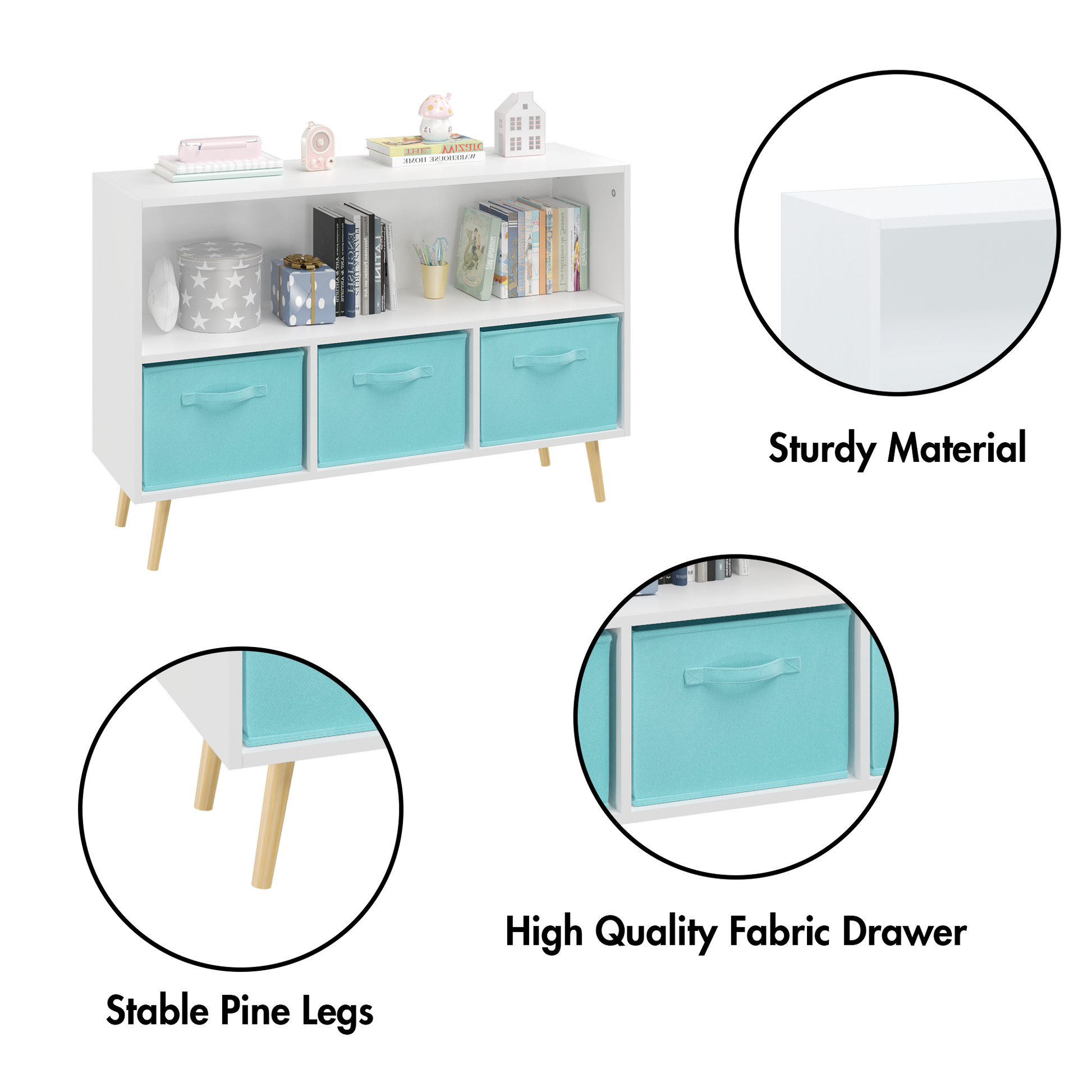 Kids bookcase with Collapsible Fabric Drawers Children's Book Display Toy Storage Cabinet Organizer White/Blue - Korvel