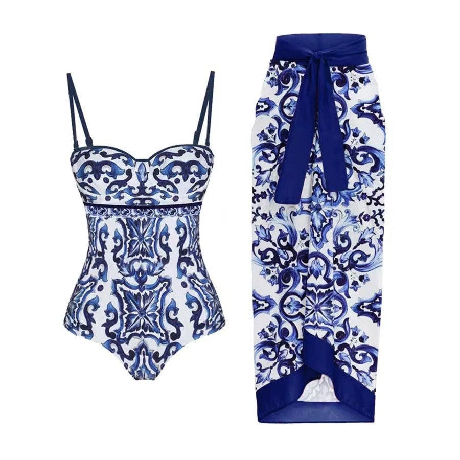 Blue and white porcelain print retro beach vacation hot spring swimsuit - Korvel