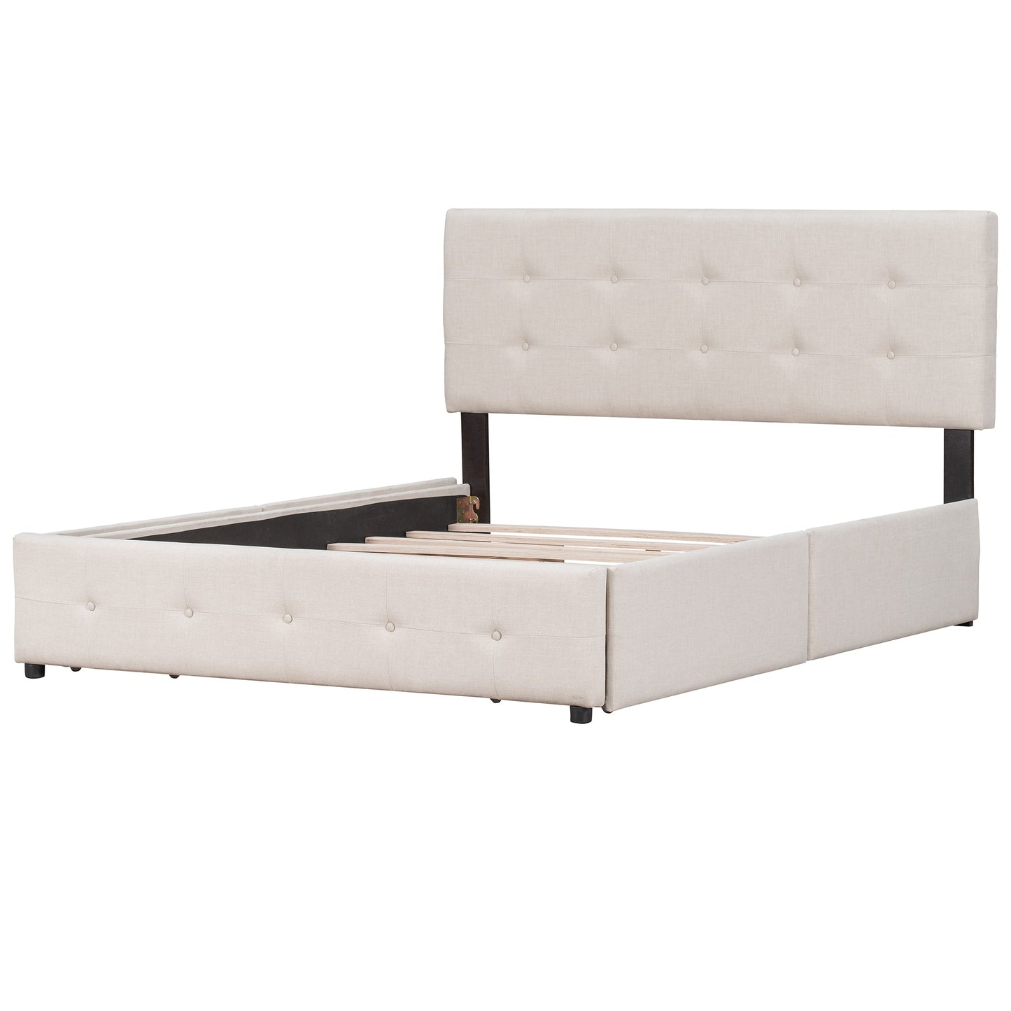 Upholstered Platform Bed with Classic Headboard and 4 Drawers No Box Spring Needed Linen Fabric Queen Size Beige - Korvel