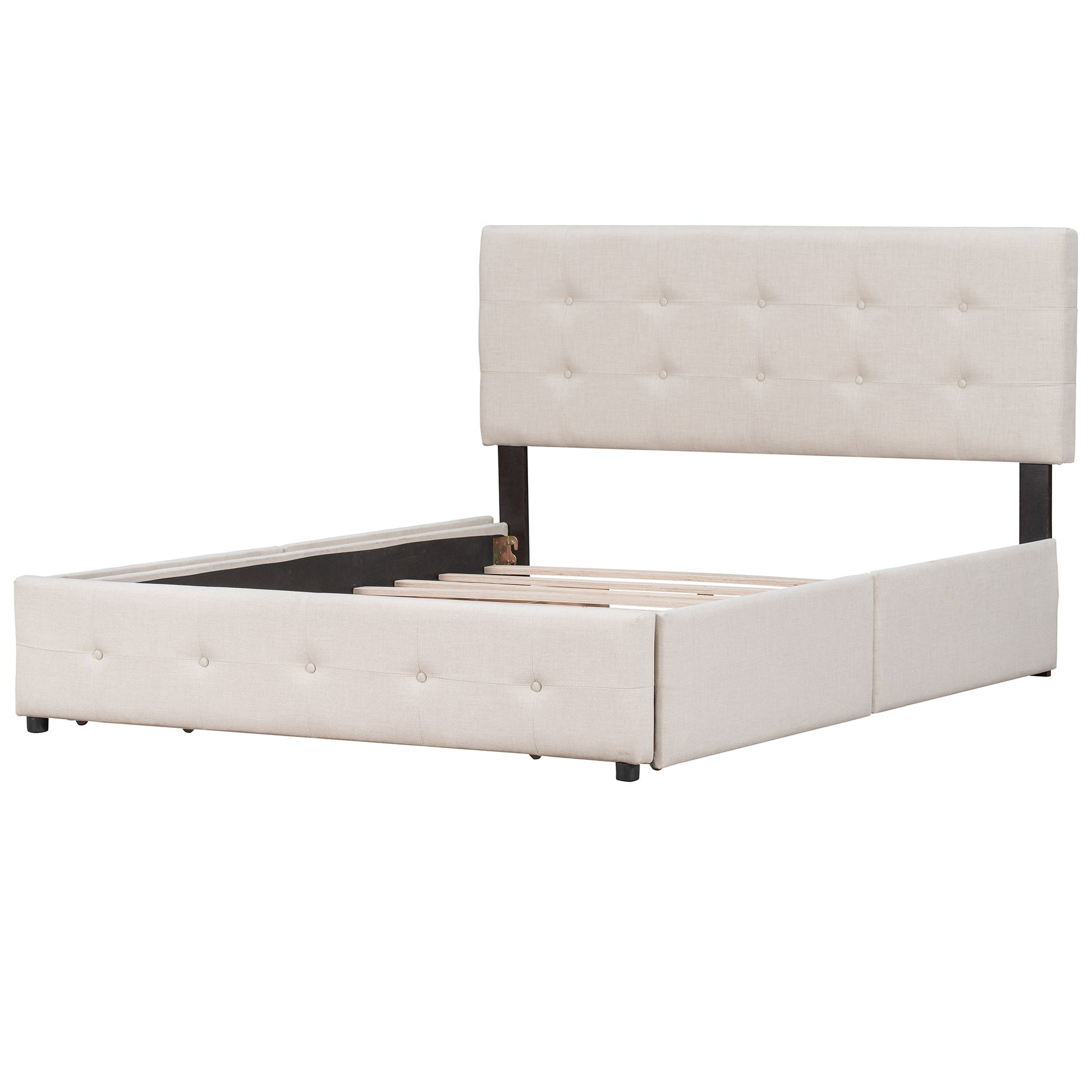Upholstered Platform Bed with Classic Headboard and 4 Drawers No Box Spring Needed Linen Fabric Queen Size Beige - Korvel