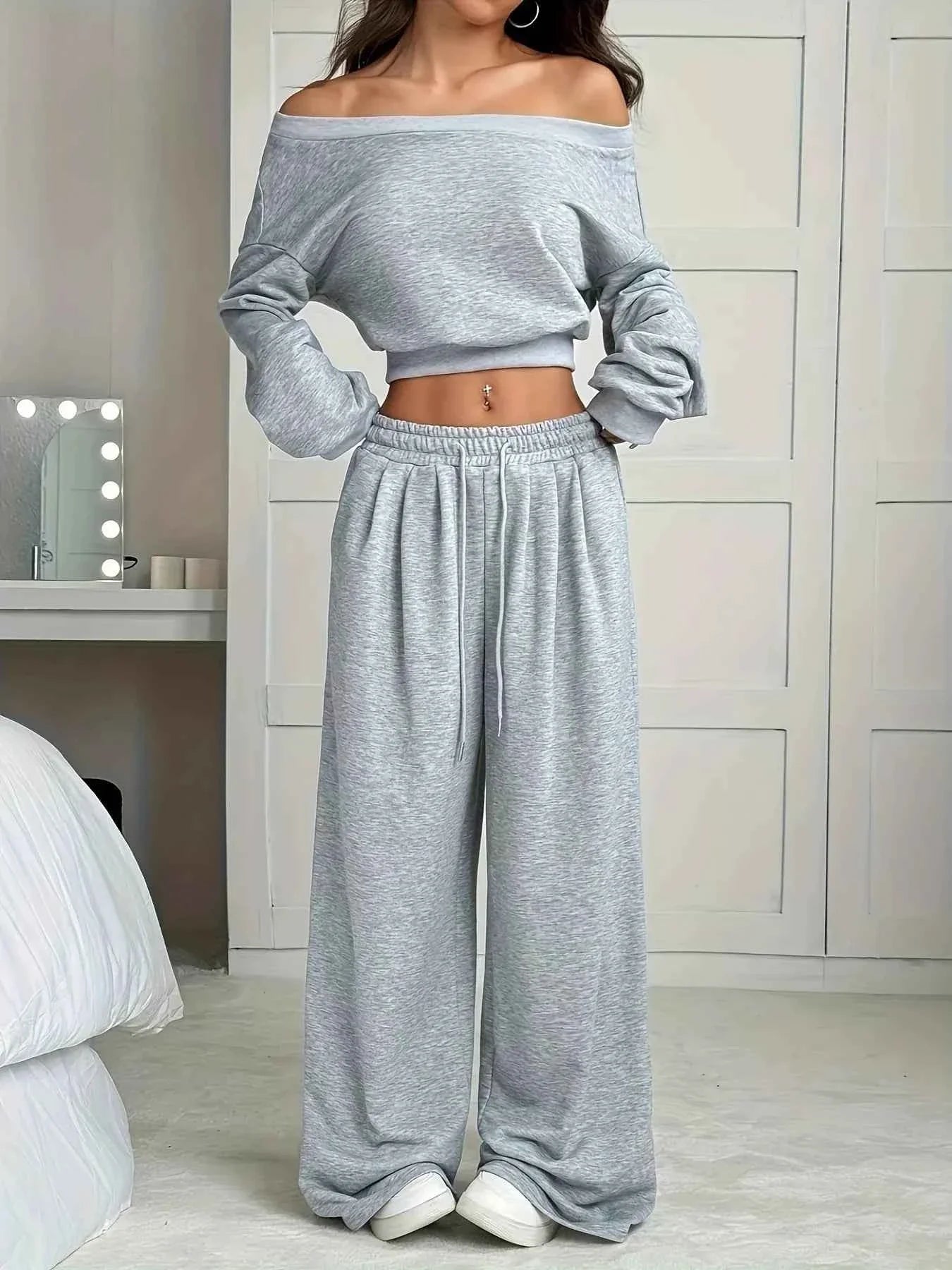 Plus Size Boat Neck Crop Top & Wide Leg Pants Set
