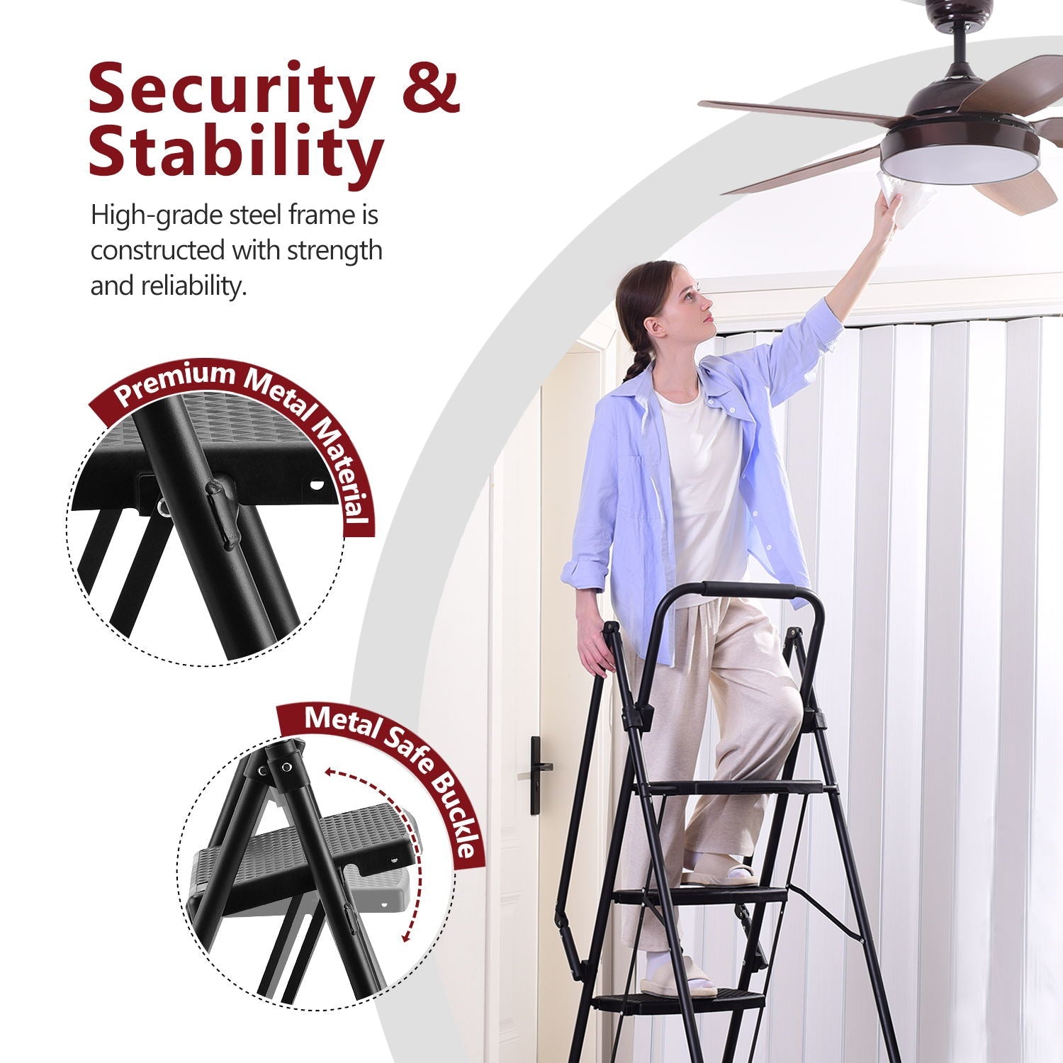 Four step ladder, lightweight folding four step stool, wide anti slip pedal and safety handle, sturdy steel ladder - Korvel