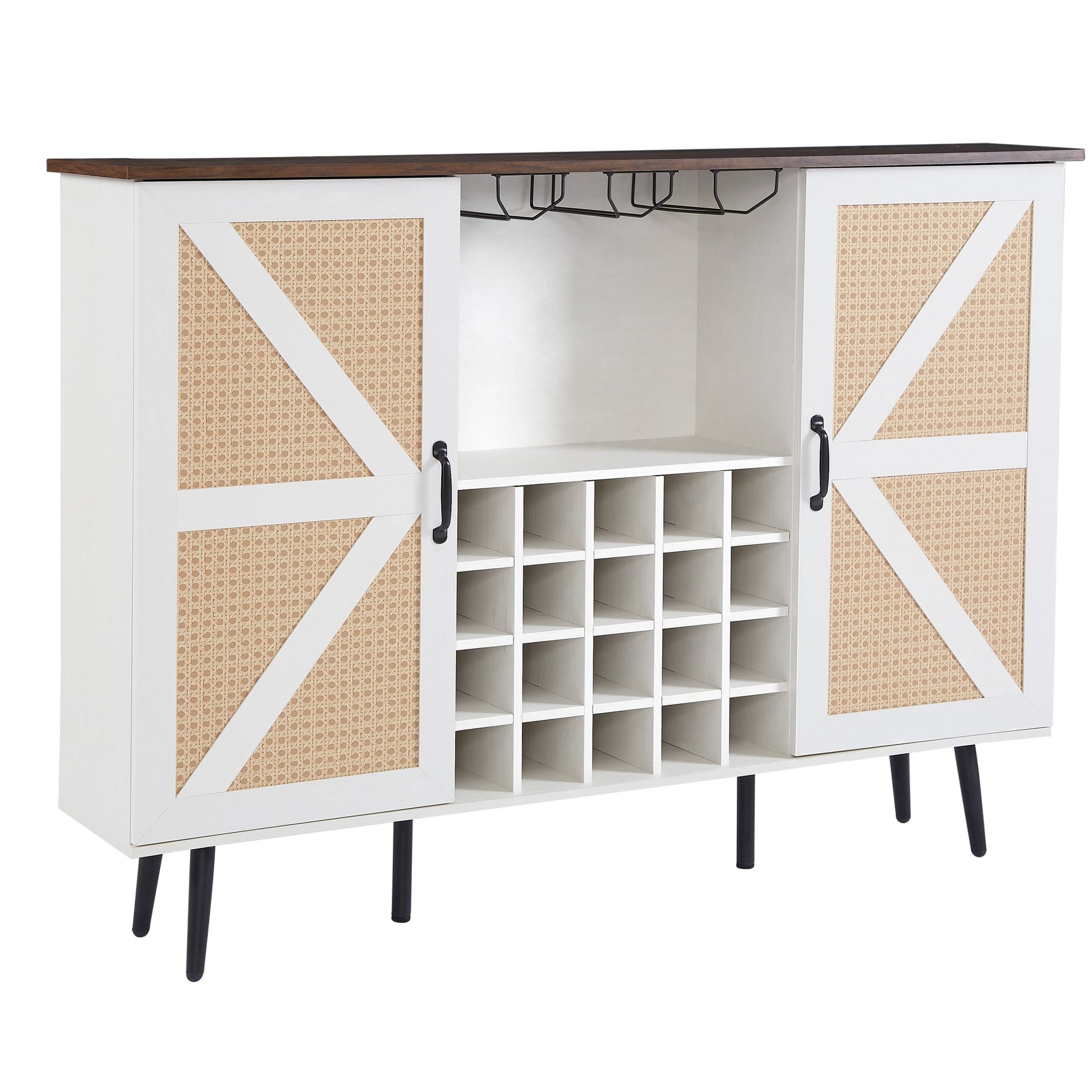 White Faux Rattan Barn Door Wine Cabinet with Wine Rack and Wine Glass Rack, Double Door Design with Removable Shelves - Korvel