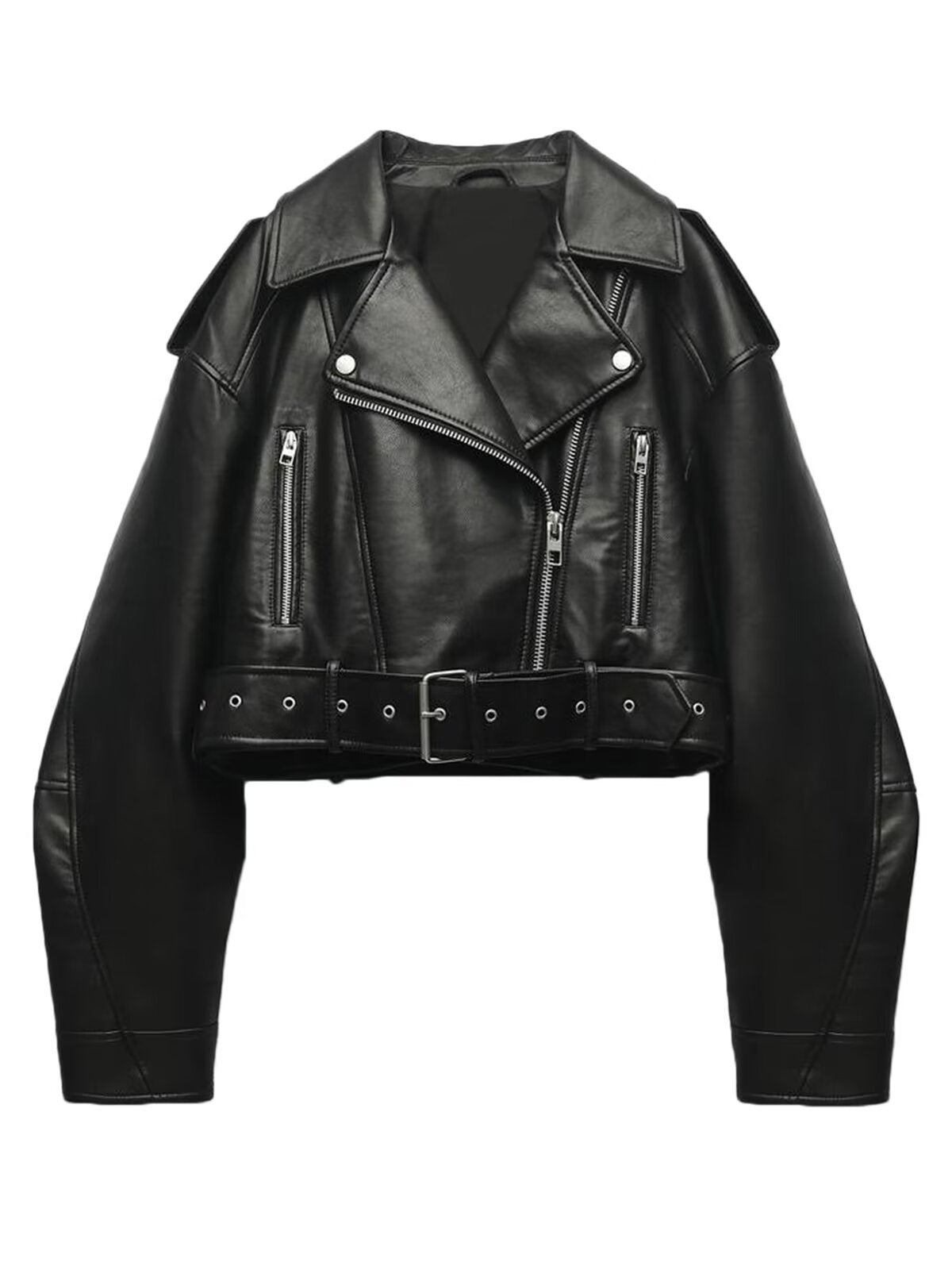 Chaqueta de moto corta con cinturón retro para mujer