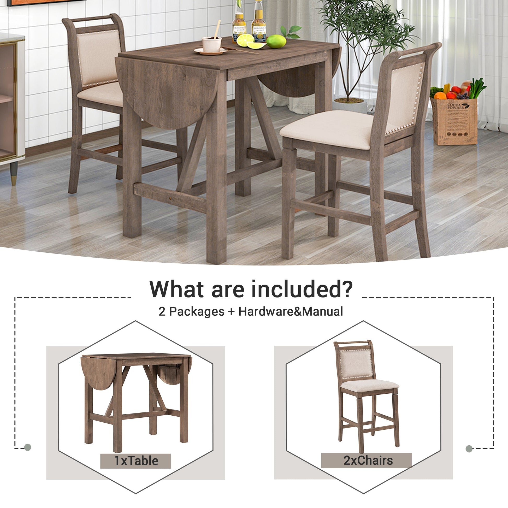 TOPMAX 3-Piece Wood Counter Height Drop Leaf Dining Table Set with 2 Upholstered Dining Chairs for Small Place, Brown - Korvel
