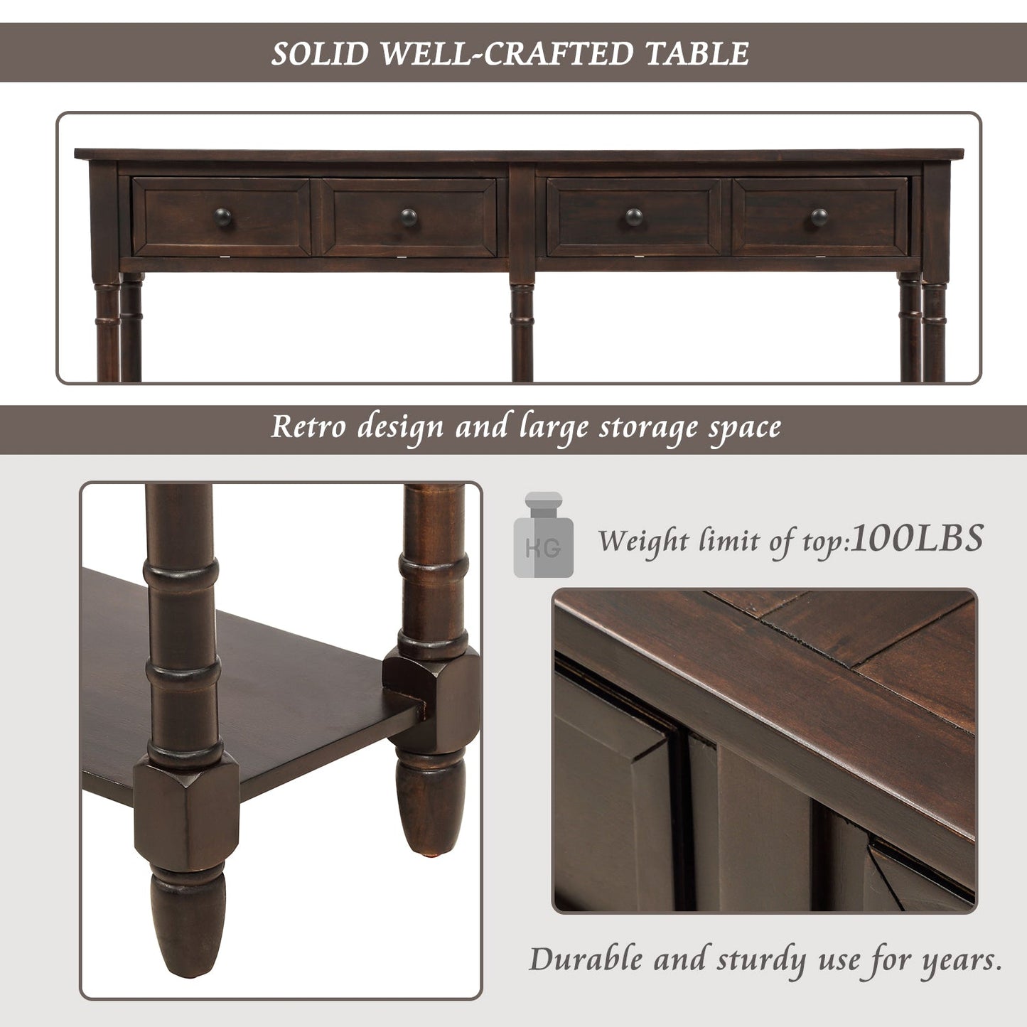 TREXM Espresso Console Table with Storage Drawers