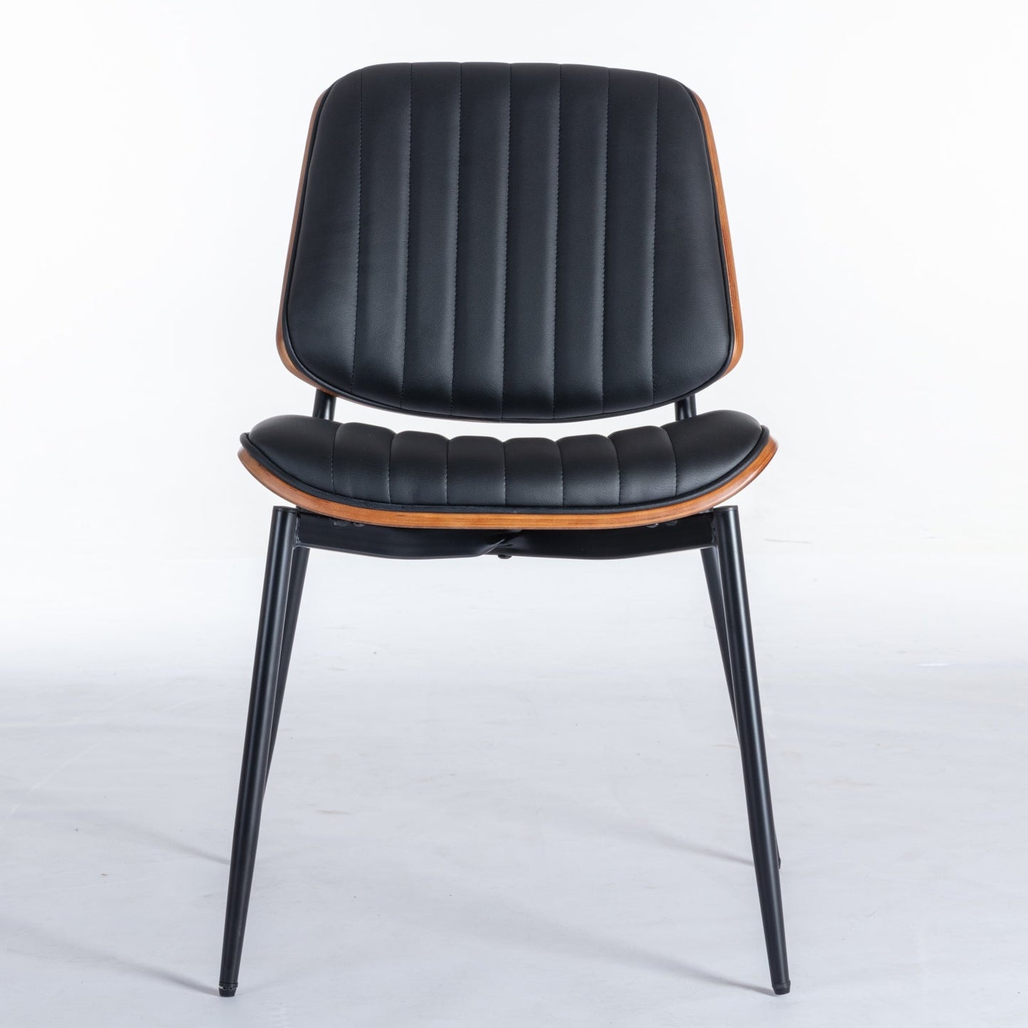 2-piece retro linen chair set with curved wooden backrest, cushioned seat, adjustable metal legs, (Black PU) - Korvel