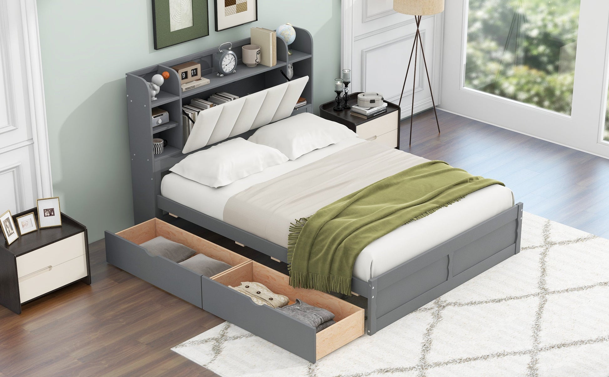 Wood Queen Size Platform Bed with Storage Headboard  Shelves and 2 Drawers  Gray - Korvel