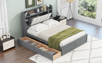 Wood Queen Size Platform Bed with Storage Headboard  Shelves and 2 Drawers  Gray - Korvel