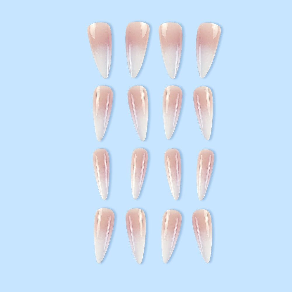 Milky white powder gradient long drop-shaped manicure, high-end fake nail patch wearable nail patch - Korvel