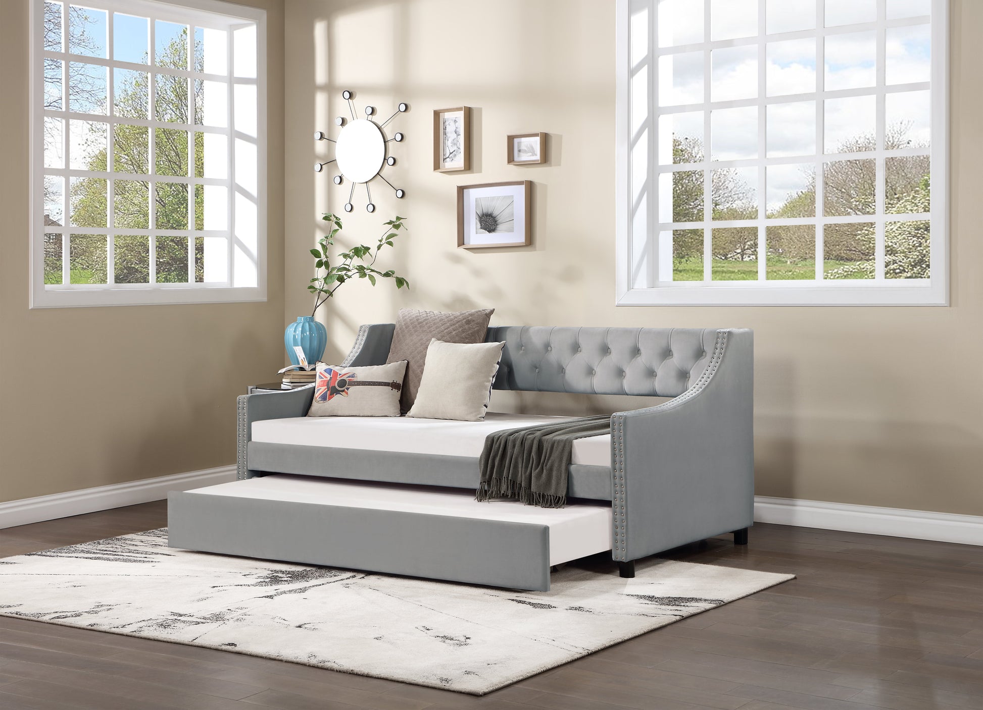 Twin Size Upholstered Daybed with Trundle Sturdy Wood Bedframe w/ Bedframe Tufted Button & Copper Nail on Arms Design - Korvel