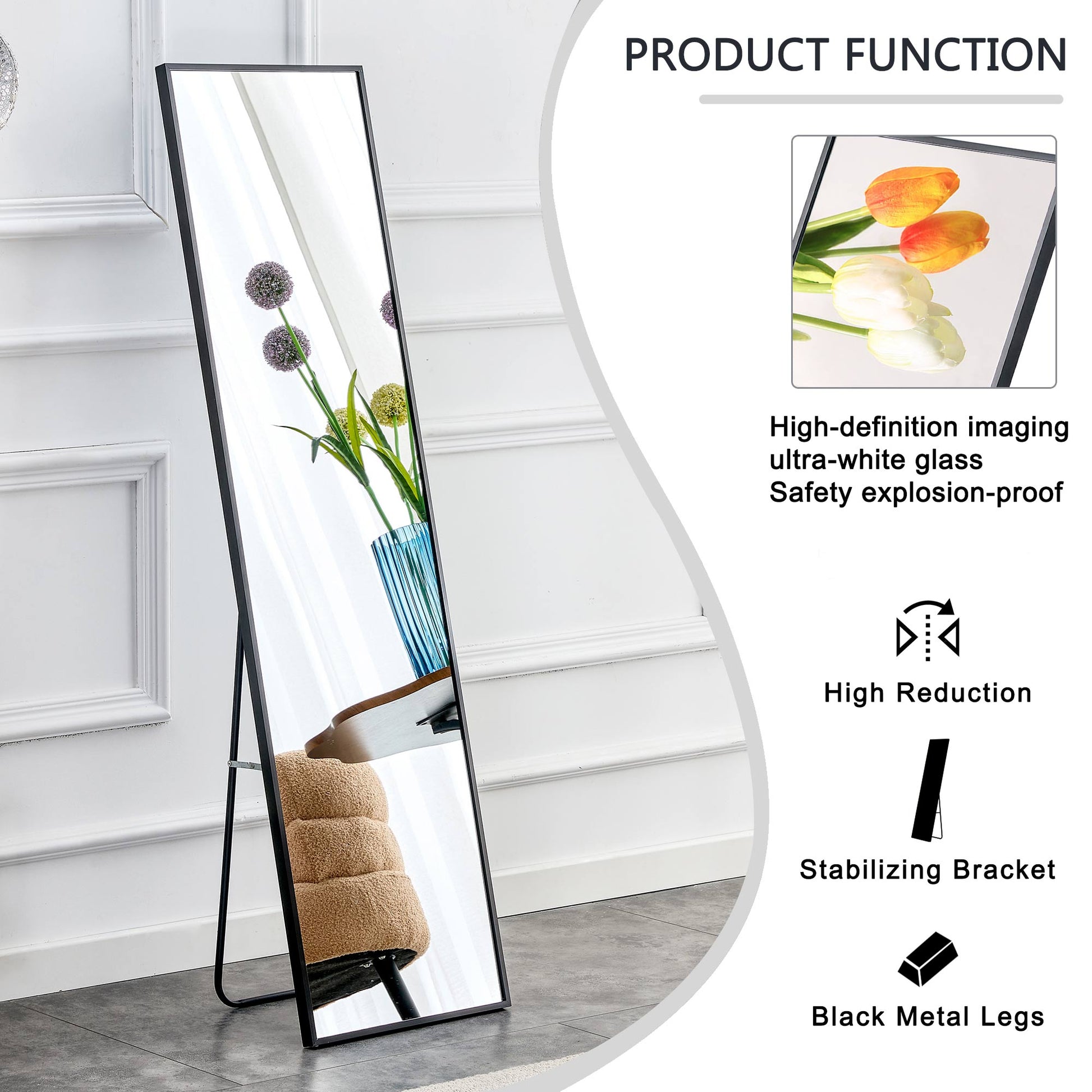 Aluminum alloy metal frame wall mounted full-length mirror black 65 * 23“ - Korvel