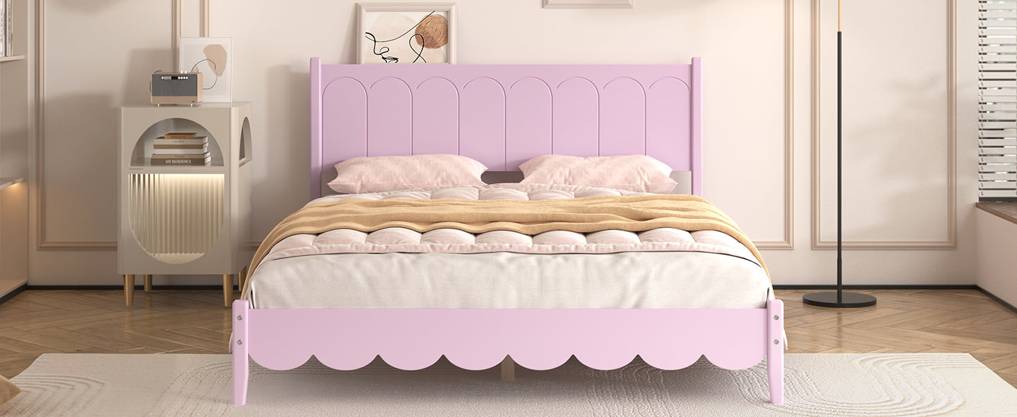 Queen Size Wood Platform Bed Frame, Retro Style Bed with Rectangular Headboard,No Need Box Spring,Pink - Korvel