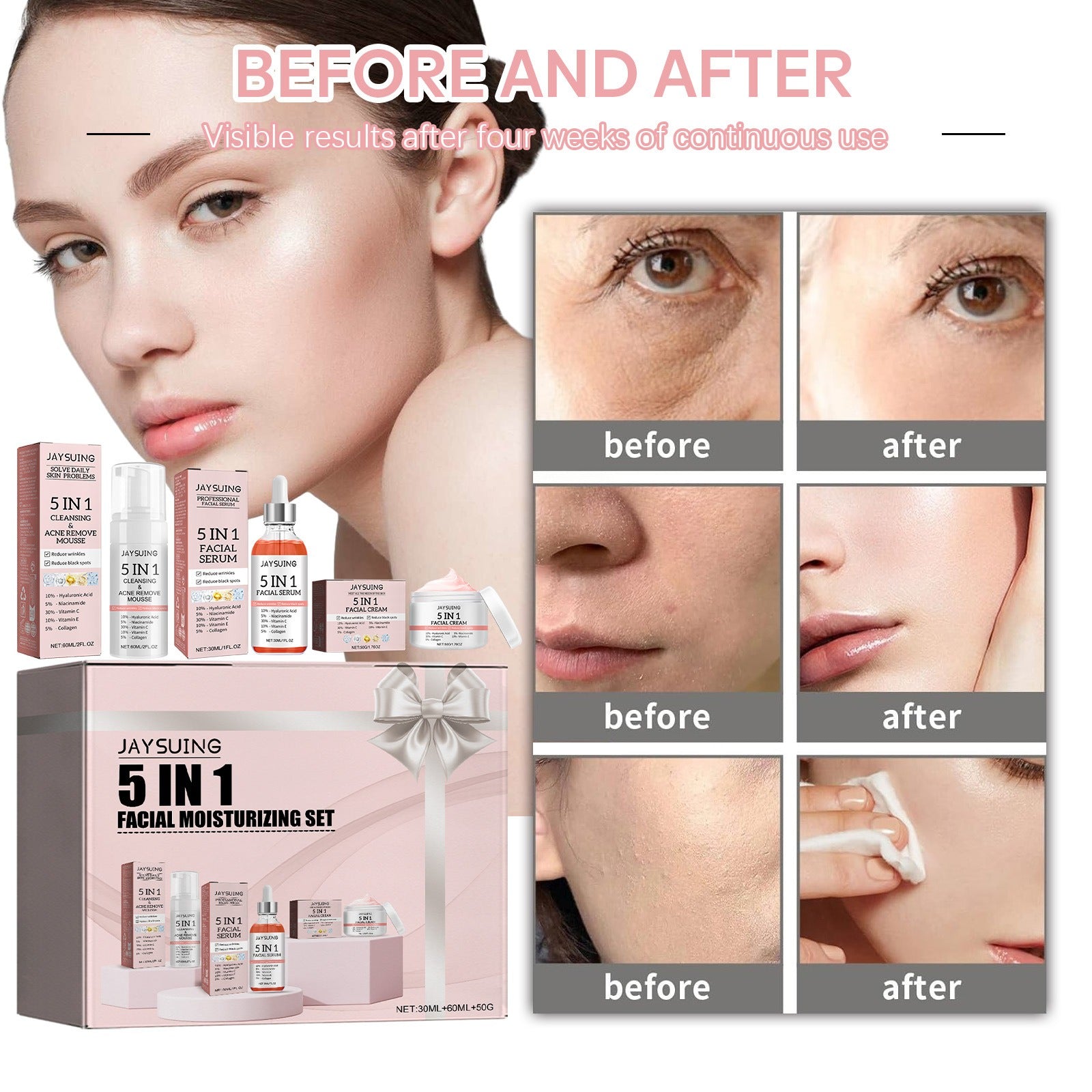 Jaysuing 5-in-1 facial moisturizing set Hydrating, moisturizing, deep moisturizing, whitening, brightening and firming skin - Korvel