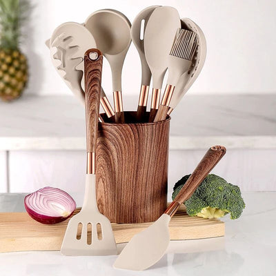 10 Pieces Kitchen Tools Set Wooden Handle Cooking Kitchen Utensil Set Silicone Utensils - Korvel