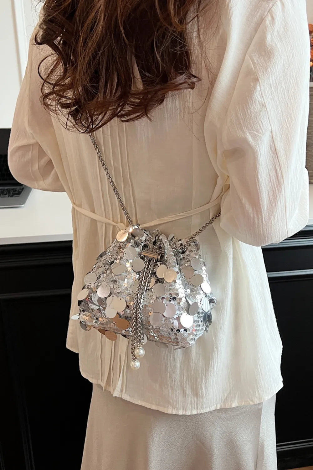 Drawstring Sequin Crossbody Bag - Korvel