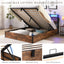 Elevating storage bed frame, full-size bed frame with bookshelf headboard and LED lights, with country brown color - Korvel