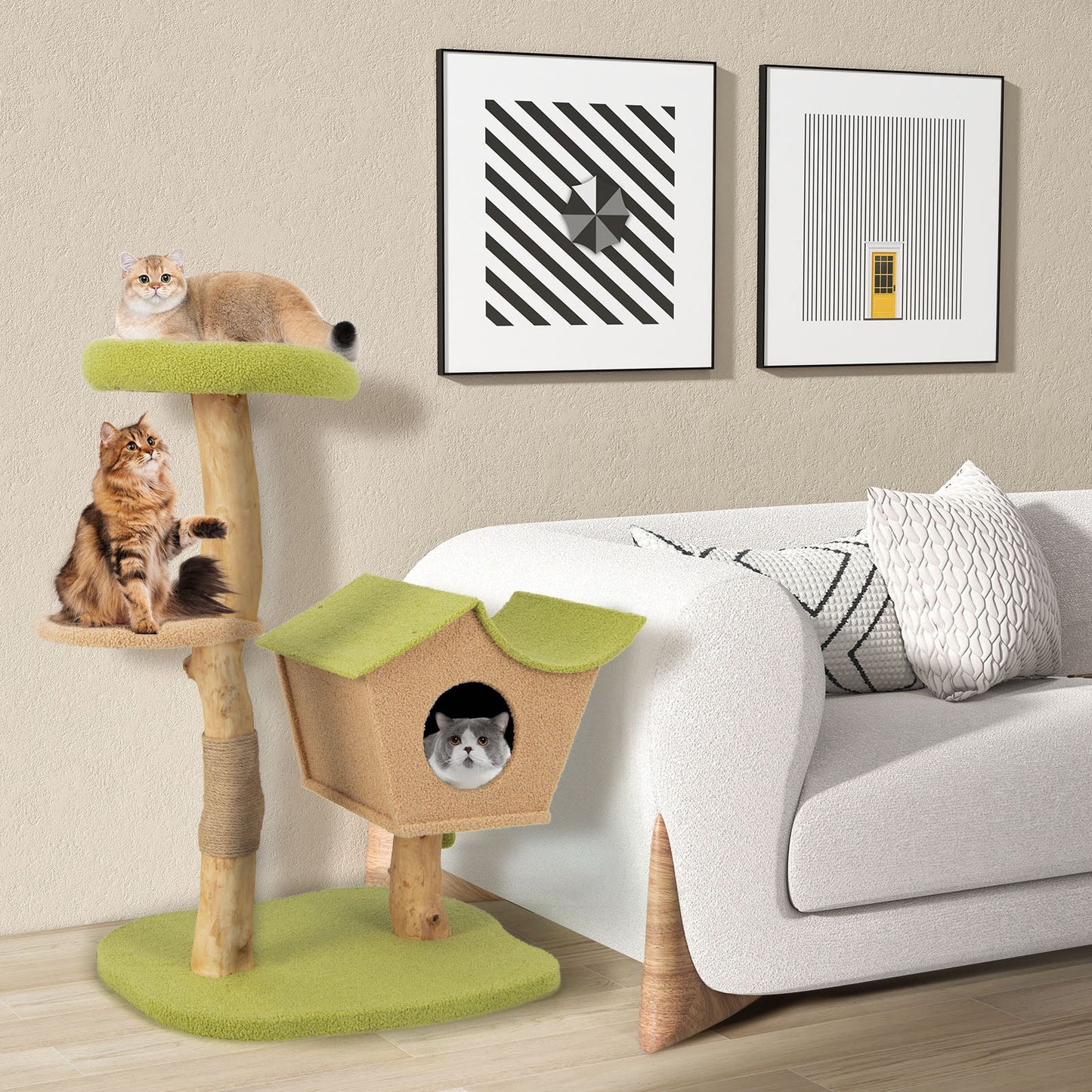 Arbre à chat en bois de 43 pouces avec perchoir rembourré - Vert