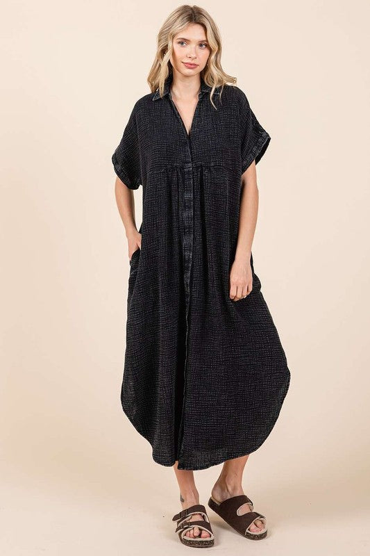 Robe Midi Boutonnée à Col V en Lavage Minéral