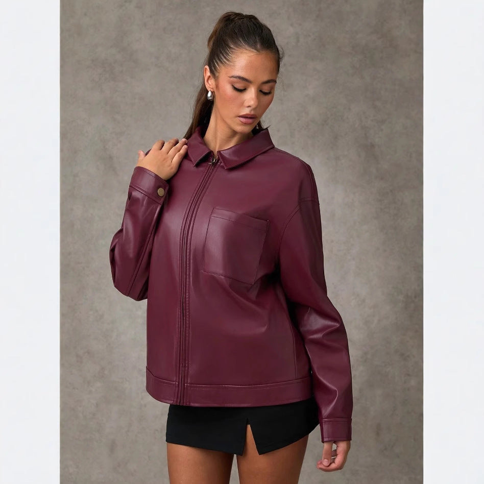 Chaqueta Bomber de Cuero Sofisticada con Cuello de Solapa