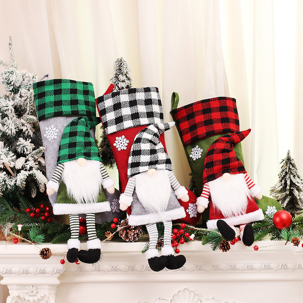 Christmas Day Decoration Red Black White Grid Faceless Forester Christmas Socks Dwarf Hanging Doll Candy Gift Bag - Korvel