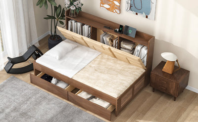 Twin Size Wood Daybed with Upholstered Storage Shelves  USB Ports and 2 Drawers  Wood Color - Korvel