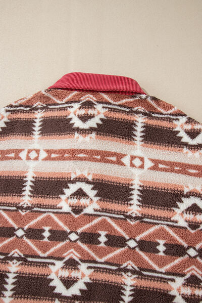 Retro Geometric Print Corduroy Trim Button-Up Jacket