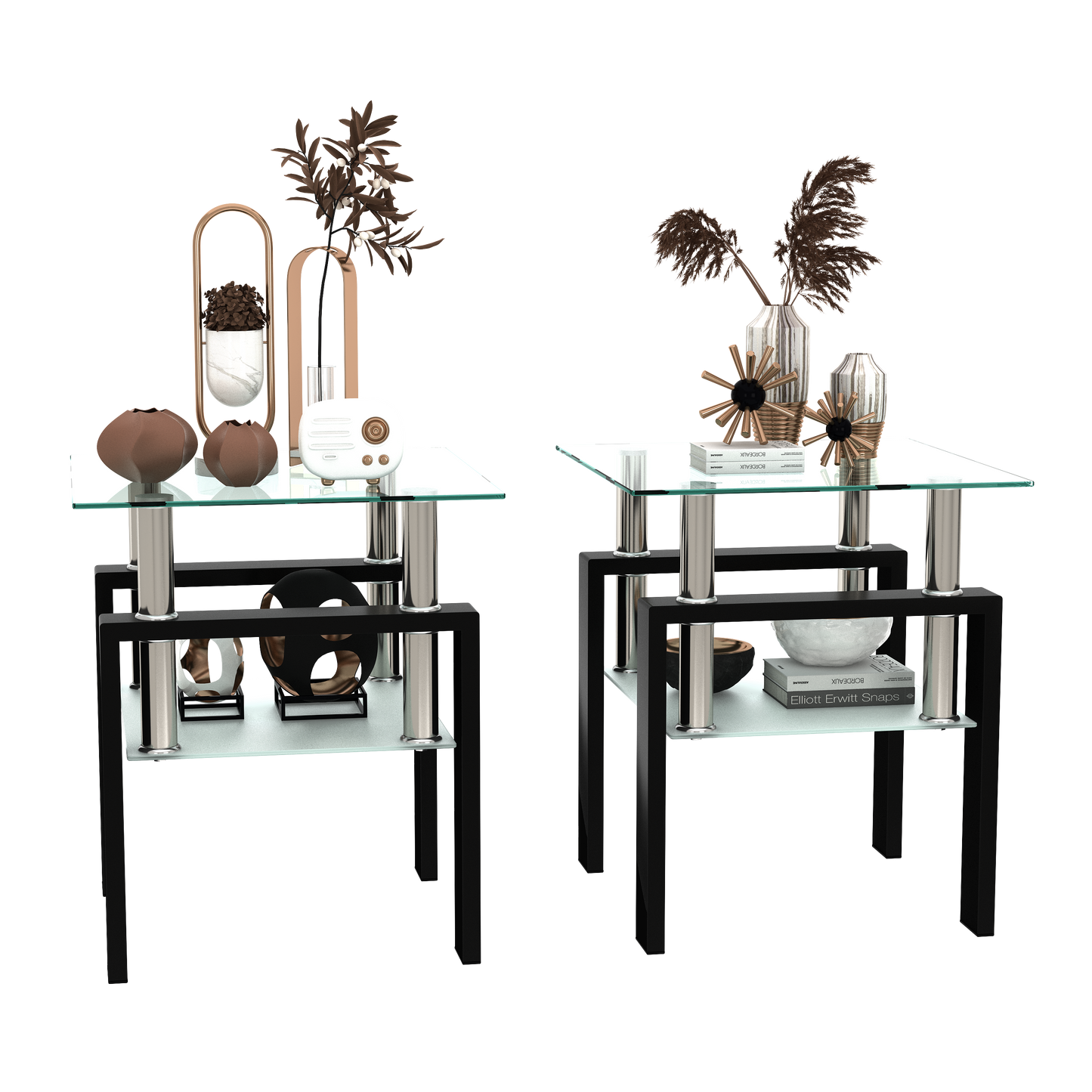 Set of 2, Modern Tempered Glass Tea Table Coffee Table End Table, Square Table for Living Room, Transparent/Black - Korvel