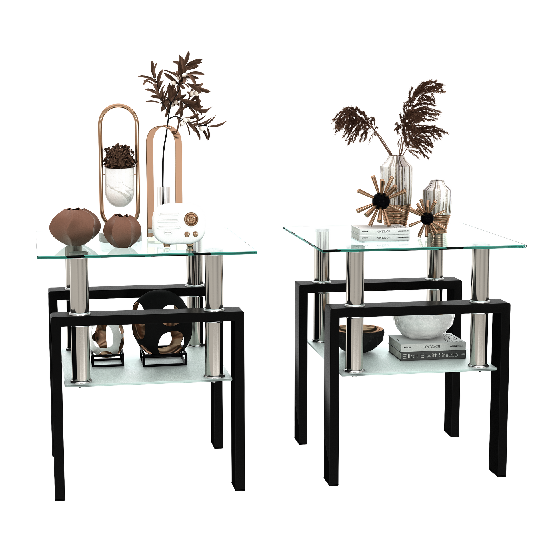 Set of 2, Modern Tempered Glass Tea Table Coffee Table End Table, Square Table for Living Room, Transparent/Black - Korvel