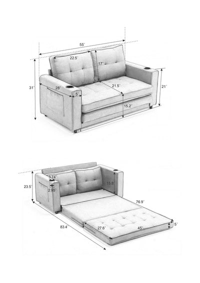Three in one soft cushion cushion cushion sofa, folding mattress sofa bed, with side pockets and cup holder, dark gray - Korvel