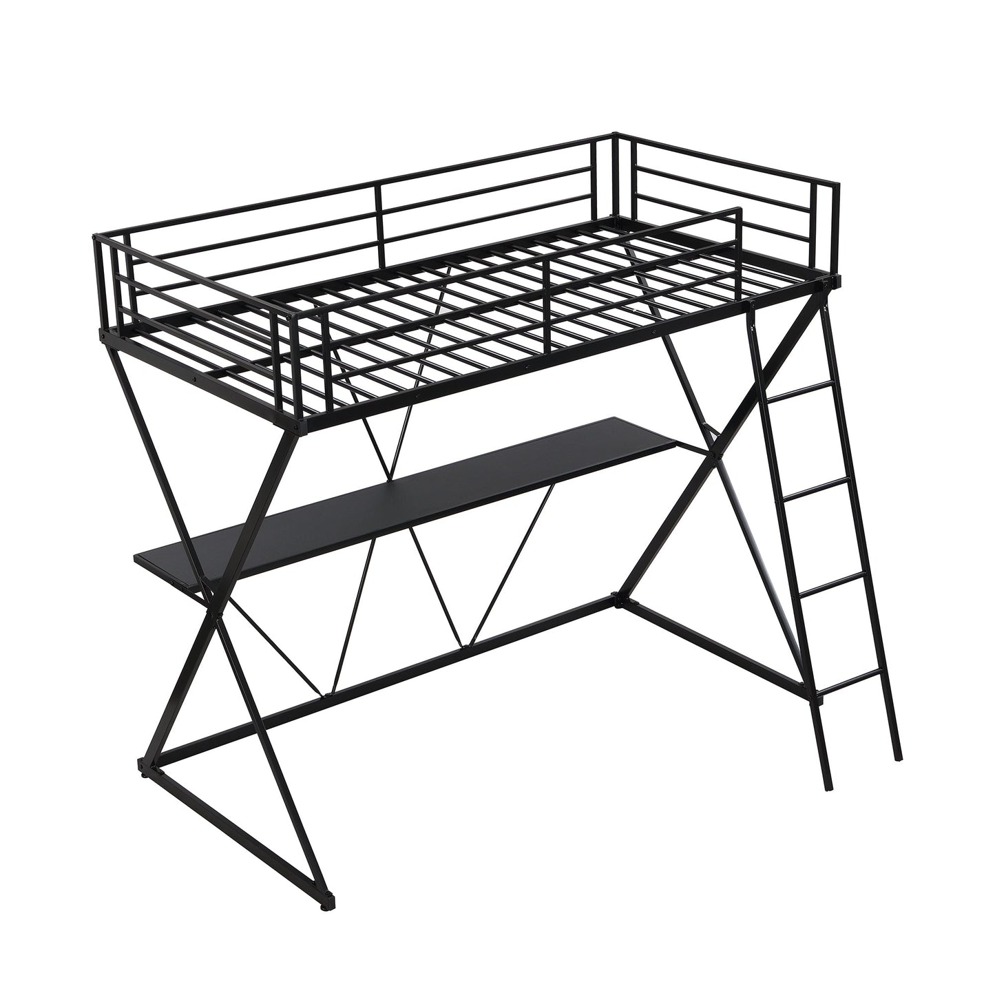 Premium Twin Size Loft Bed with Desk and Guardrails - Black