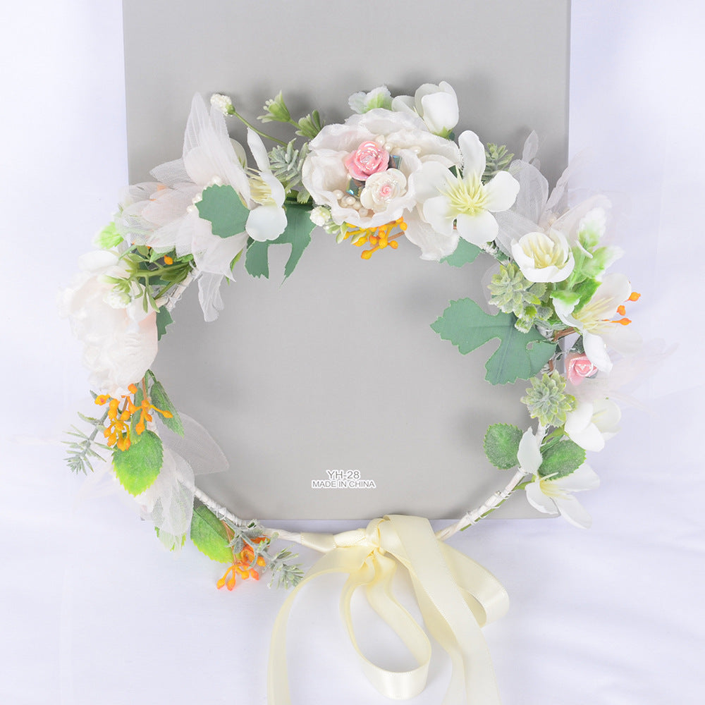 Korean style super fairy bride headdress simulation flower green leaf hair accessory sweet girl Hanfu wedding headdress wreath - Korvel