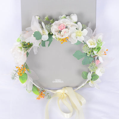 Korean style super fairy bride headdress simulation flower green leaf hair accessory sweet girl Hanfu wedding headdress wreath - Korvel