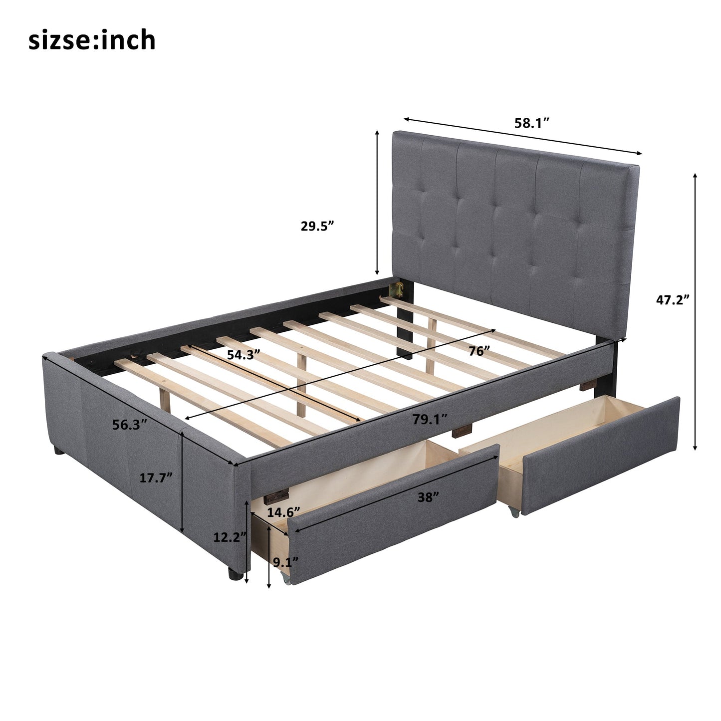 Linen Upholstered Platform Bed With Headboard and Two Drawers Full - Korvel