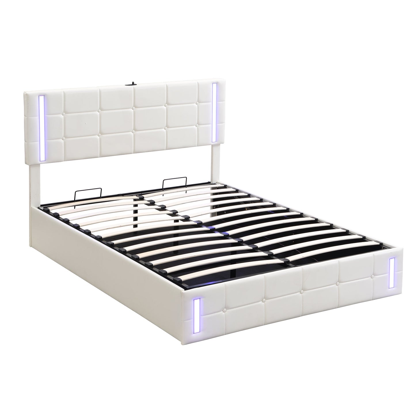Queen Size Upholstered Bed with LED Lights Hydraulic Storage System and USB Charging Station White - Korvel