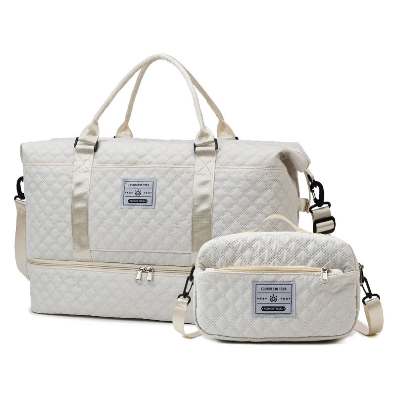 Large-Capacity Quilted Travel Duffel Bag with Embroidered Handle