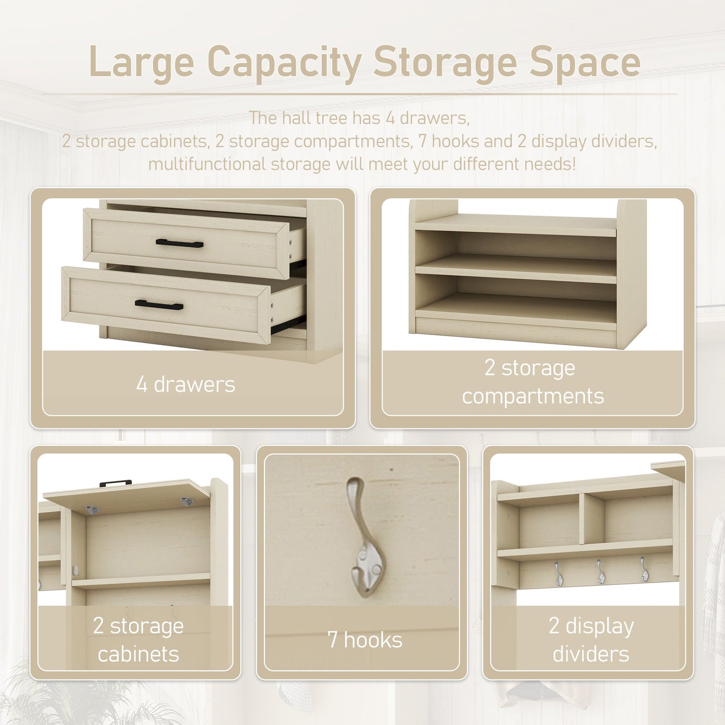 Four in one detachable hall tree with drawers and cabinets, 7 hooks, multifunctional corridor hangers, antique beige shoe stools - Korvel