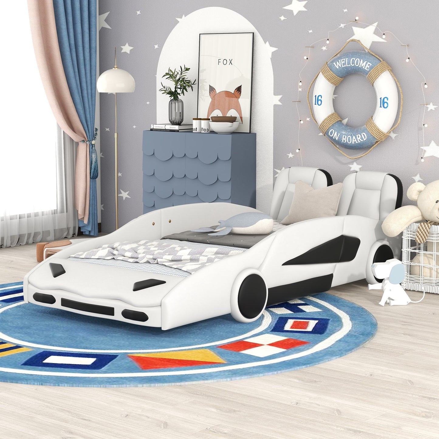 Twin Size Race Car Platform Bed with Wheels - White